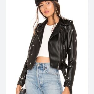 SuperDown Embroidered Vegan Leather Star Studded Biker Jacket Black Moto Size S